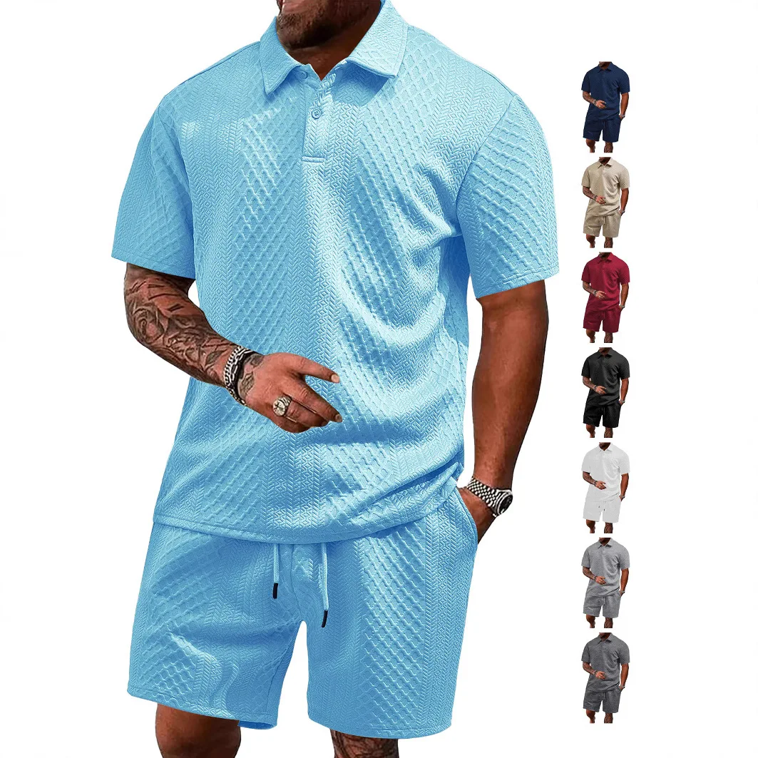 

Cross-border 2026 explosion summer new jacquard short-sleeved shorts suit men's casual sports lapel polo shirt men's suit