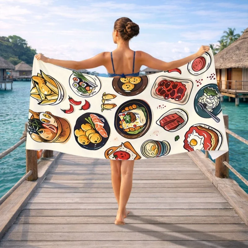 Asian Food Beach Towel Microfiber Sushi Ramen Noodle Dish Pattern Bath Towels Large Wearable Shawl Wrap Swimming Pool Blanket