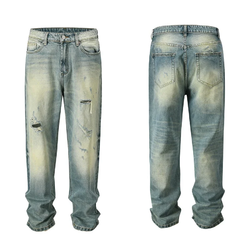 

Muddy Gray Washed Jeans Men Women Best Quality Vintage Distressed Design Versatile Fashionable Pants