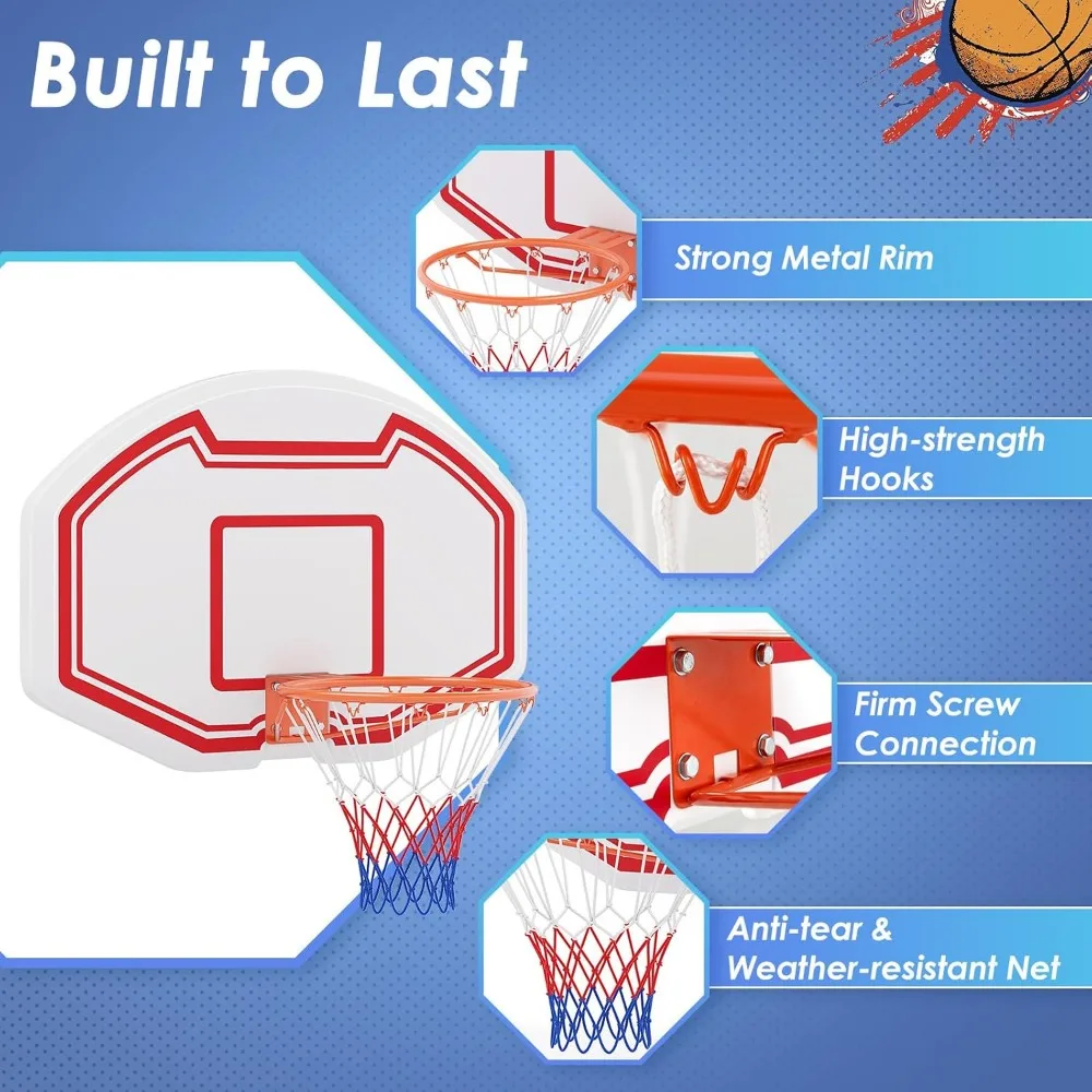 Canestro da basket per interni ed esterni con tabellone infrangibile 36 x 24, 18 cerchi e rete antistrappo per montaggio a parete di grandi dimensioni