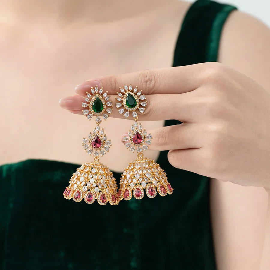 

Heavy Industry Retro Palace Style Three-dimensional Water Drop Bell Lantern Earrings Exotic Emerald Peacock Zircon Paved Earring