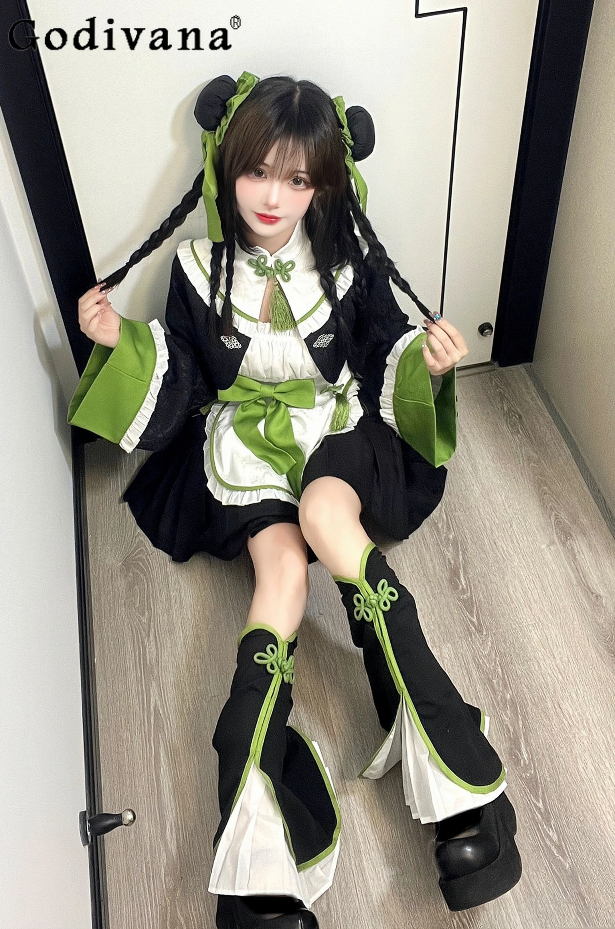 Gaun gadis Jepang Y2k dengan pita kerut tepi gaun pembantu Lolita setelan mode musim panas JK Slim-Fit untuk pelajar Cosplay