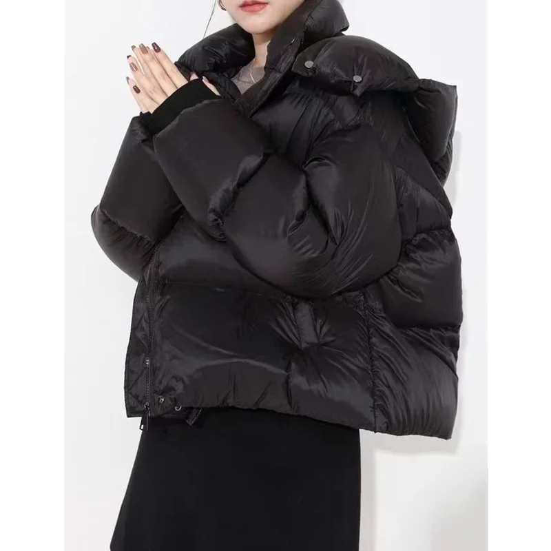 Black Down Jacket Women Coat Fashion Streetwear Hooded Cotton-padded Jacket Feather Female Winter Short Puff Outwear Warm Jacket