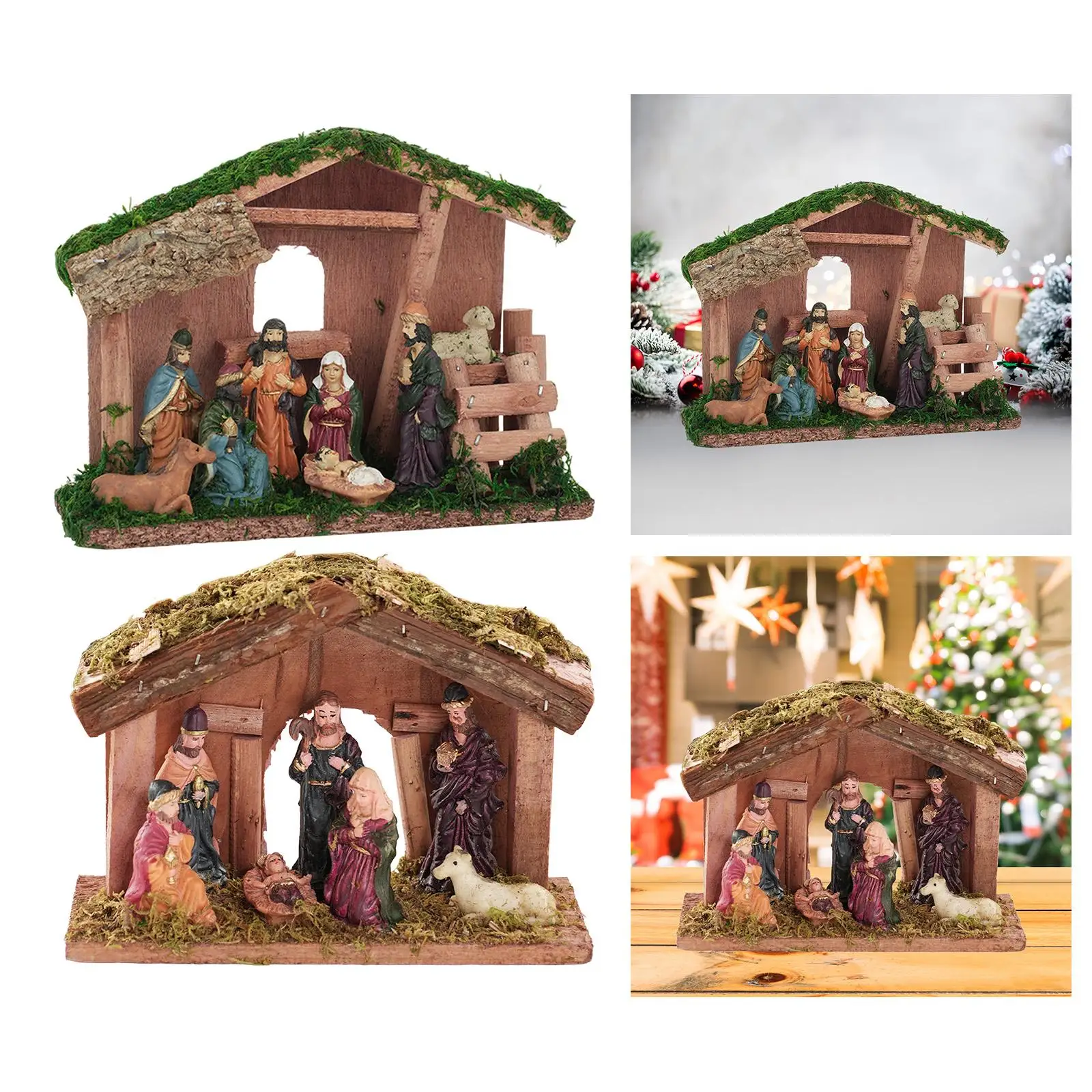 Resin Christmas Nativity Set with Stable Miniature Home Decorative Figurines for Holiday Room Display