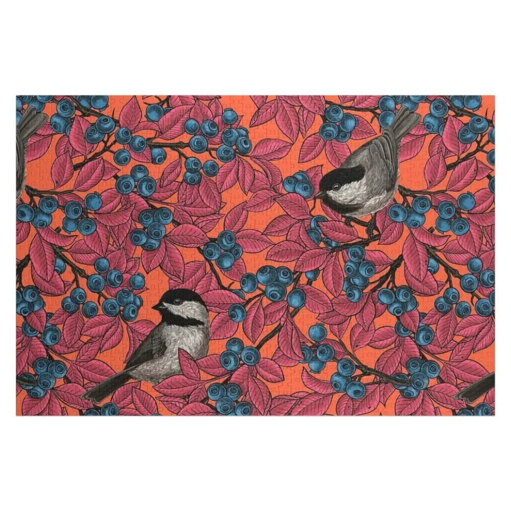 

Chickadee birds on blueberry branches, red leaves colorway Jigsaw Puzzle Personalized For Children Puzzle