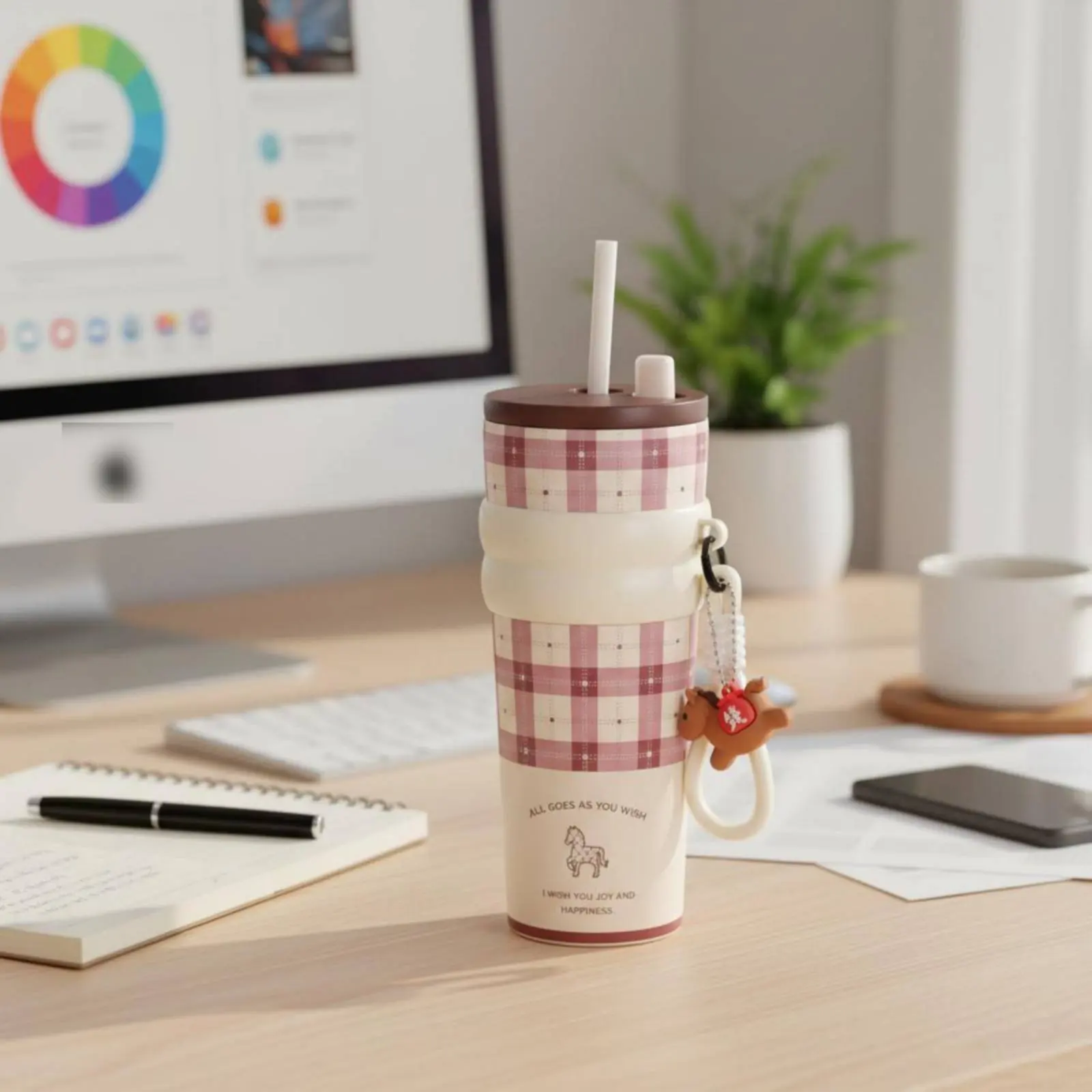 Large Capacity Insulated Tumbler Portable Wrist Strap Stainless Steel Straw Tumbler Horse Themed Commute Tumbler for Office
