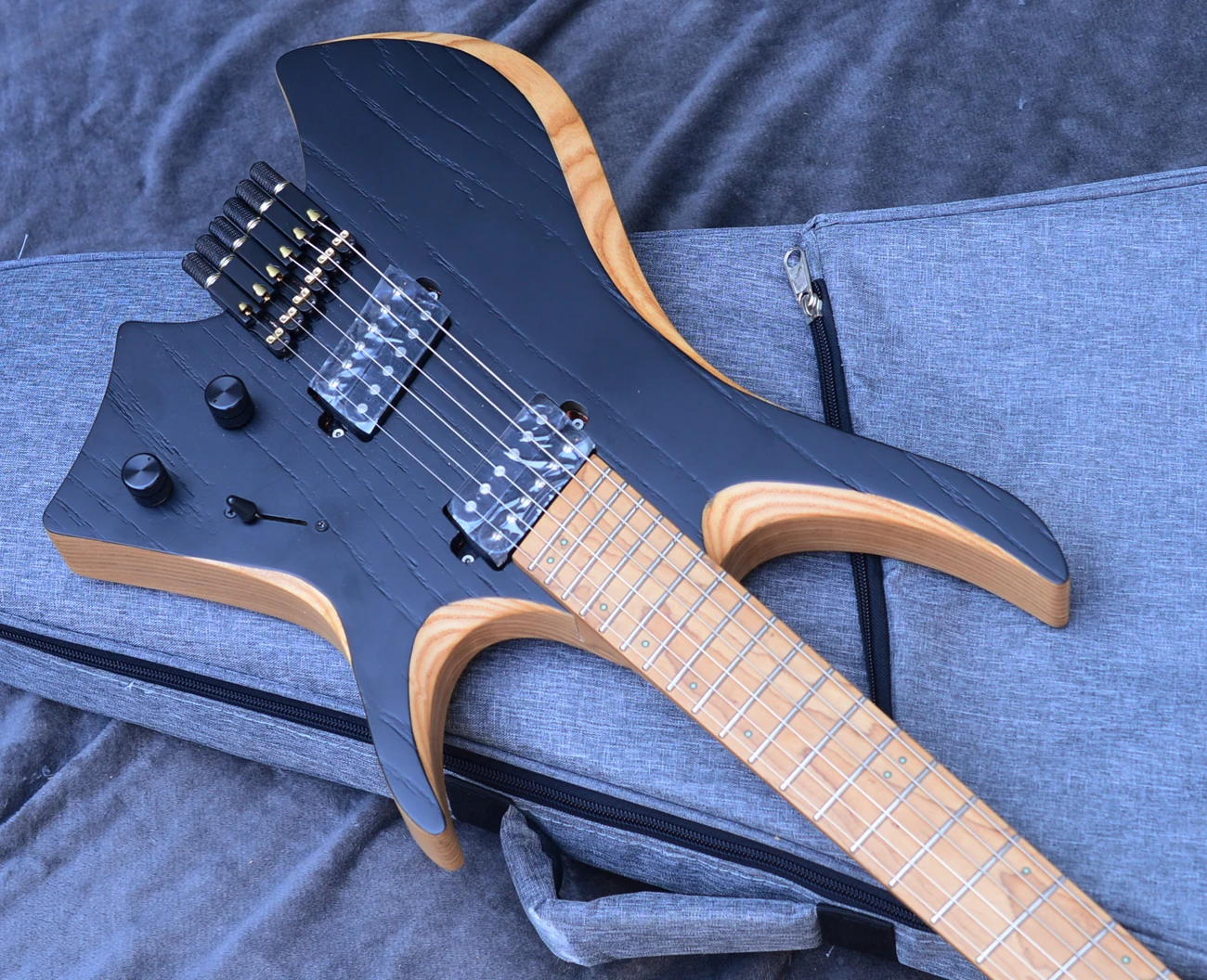 2023 NKGuitar Fanned frets 6 Strings Headless Electric Guitar Black color Roasted Maple Neck HH pickups