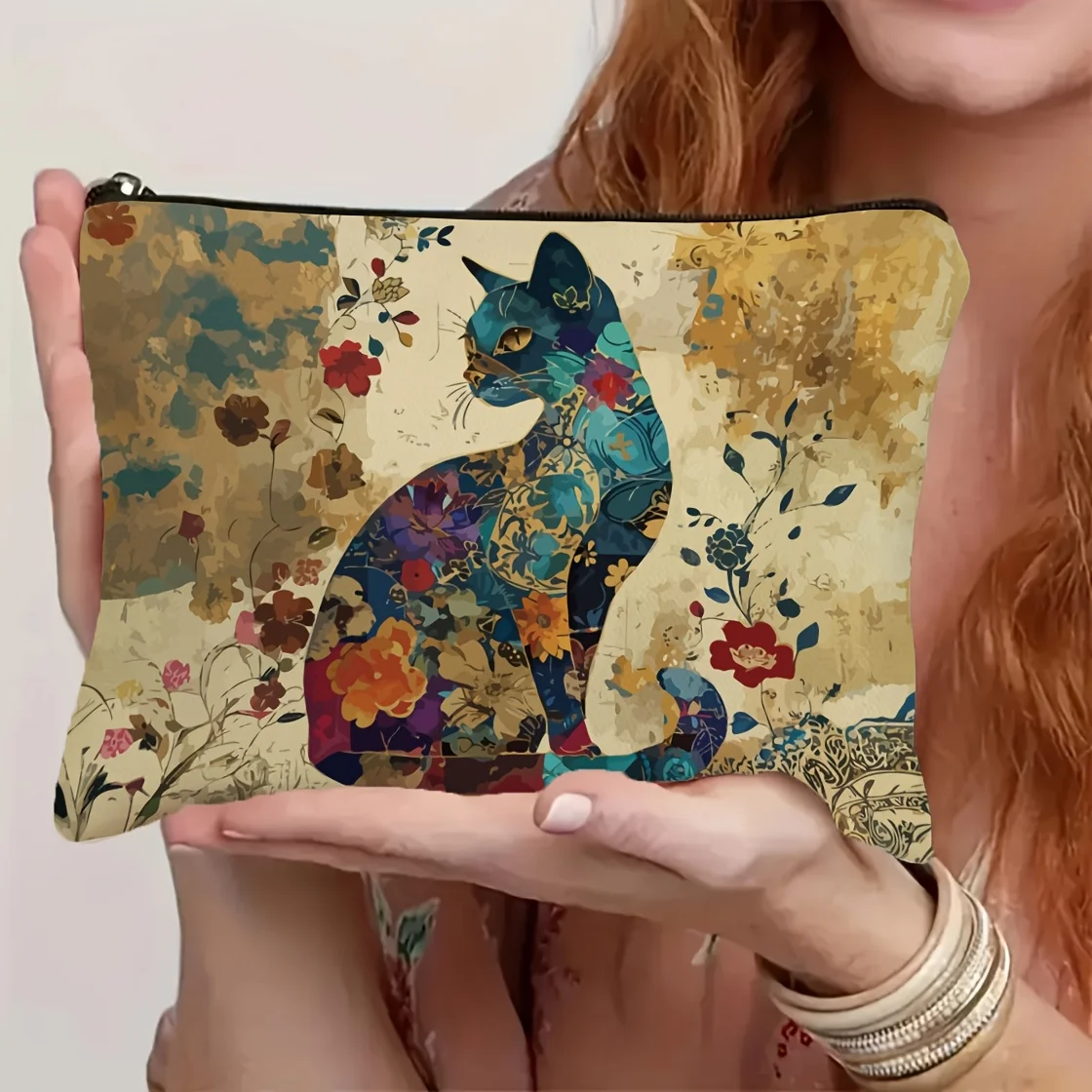 Bolsa de maquillaje ligera de poliéster con diseño de gato floral vibrante y bolsa de cosméticos de viaje con cremallera para mujer, flores de diseño artístico