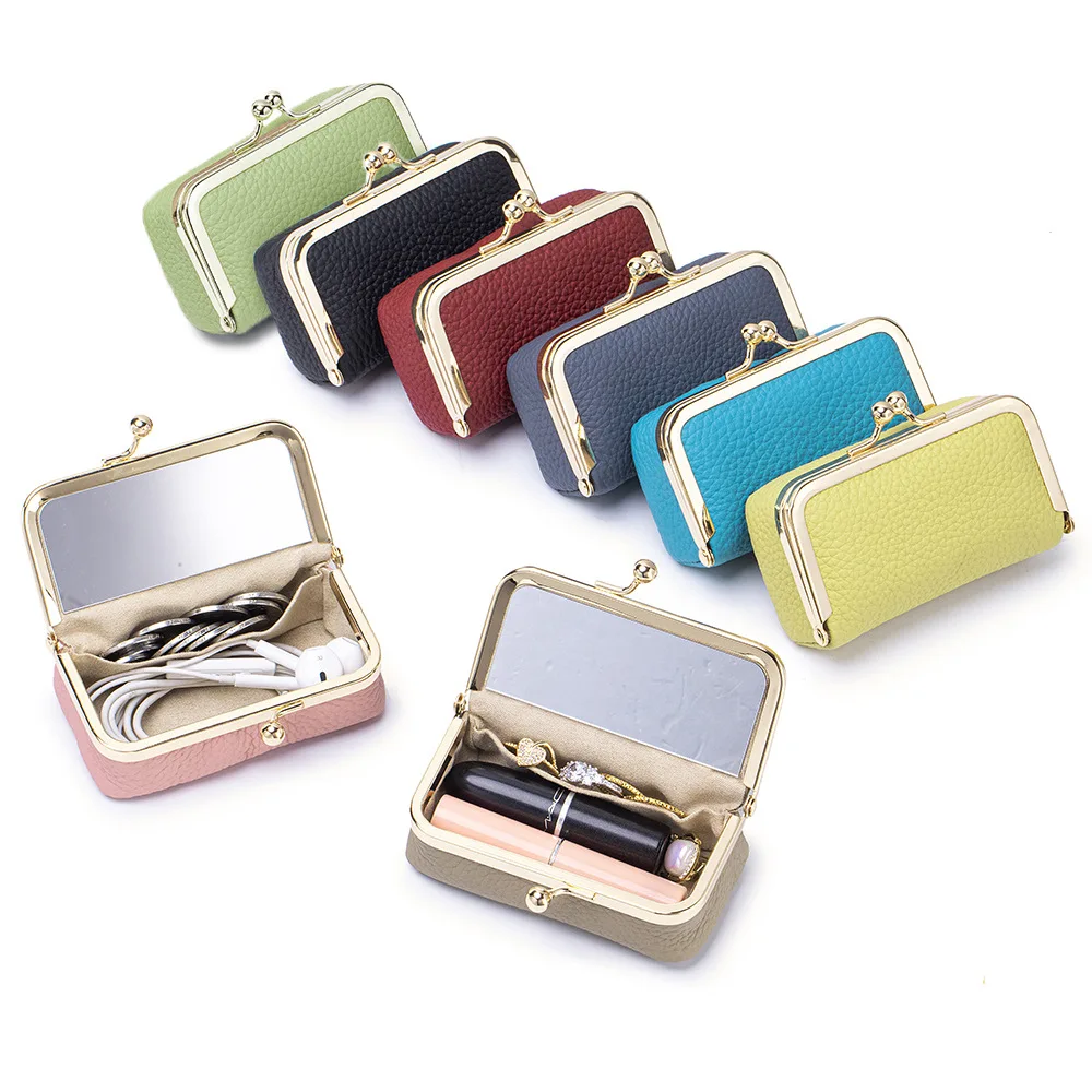 

Органайзер для помады из натуральной кожи для женщин, миниатюрный портативный футляр для украшений со встроенным зеркалом и застежкой Kiss Lock, кошельки для монет