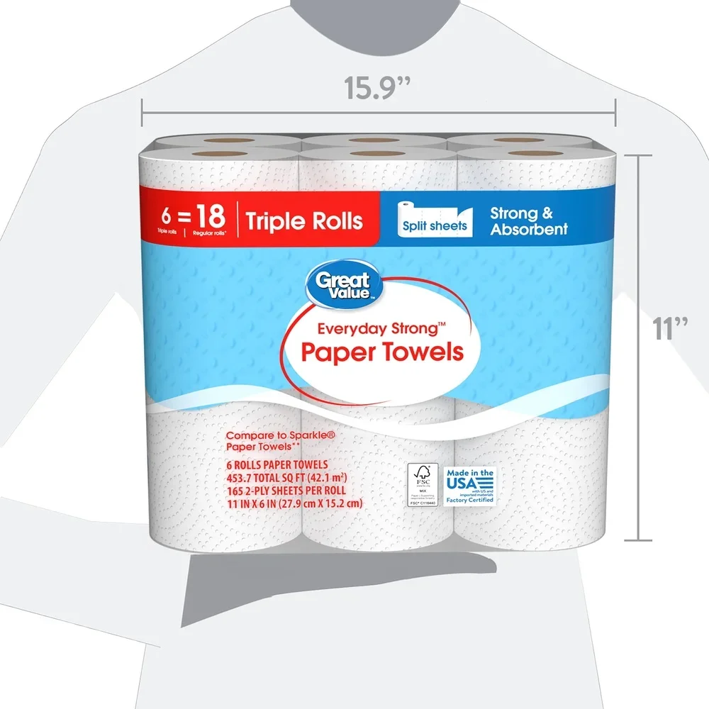 مناشف ورقية قوية للاستخدام اليومي، أوراق مقسمة، 6 لفات، 990 ورقة، اختر حجمًا، تنظيف مثقوب، مطبخ منزلي ماص للغاية