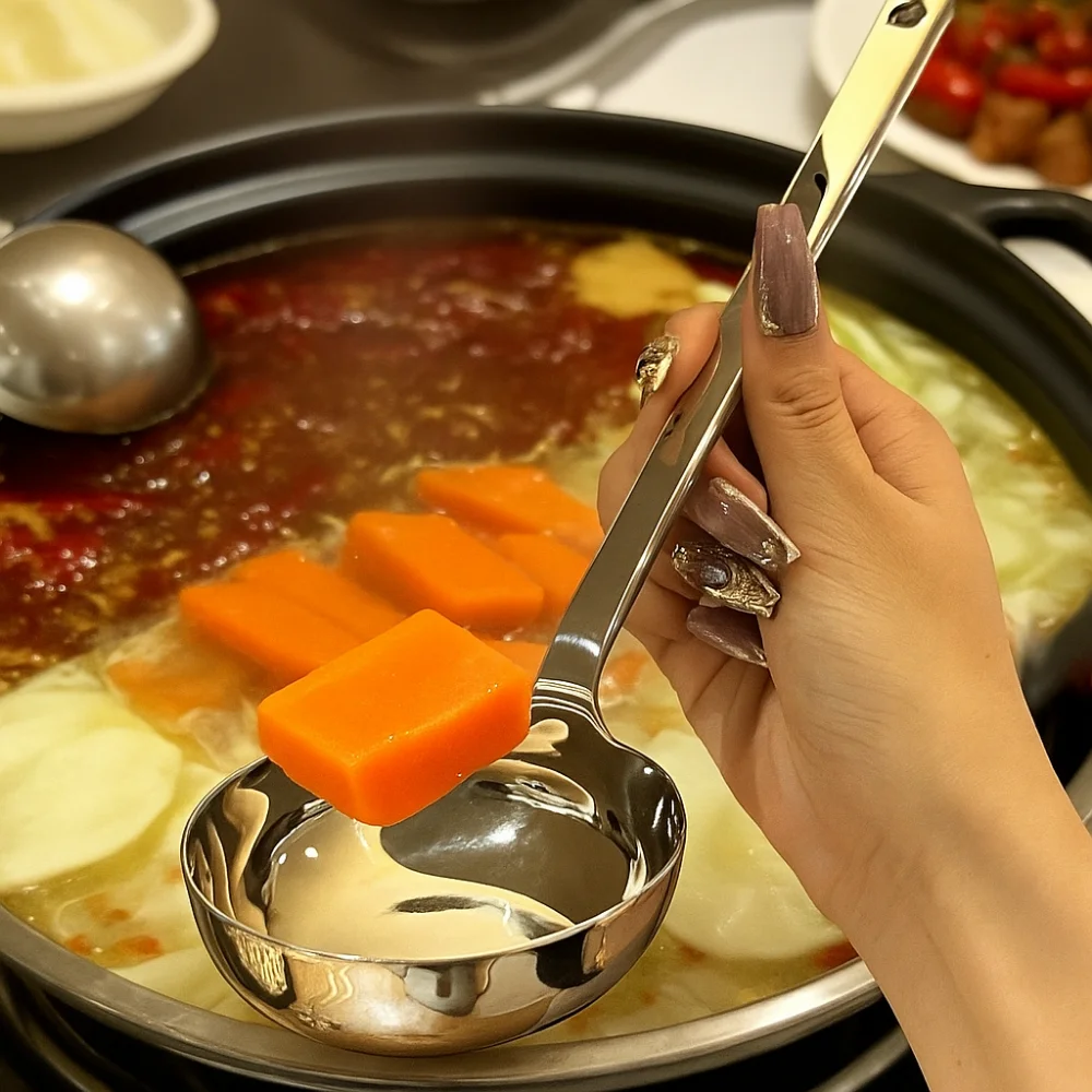 

Household Stainless Steel Soup Spoon Long Handle Deepened Slotted Spoon Flat Bottom Rust-proof Serving Colander Home