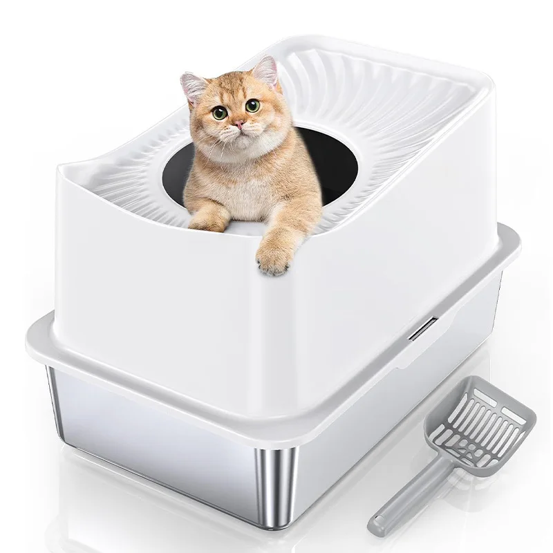 

N Large Cat Toilet for Cats Rabbit Easy Cleaning Pet Litter box Enclosed Sides Stainless Steel Cat Litter Box