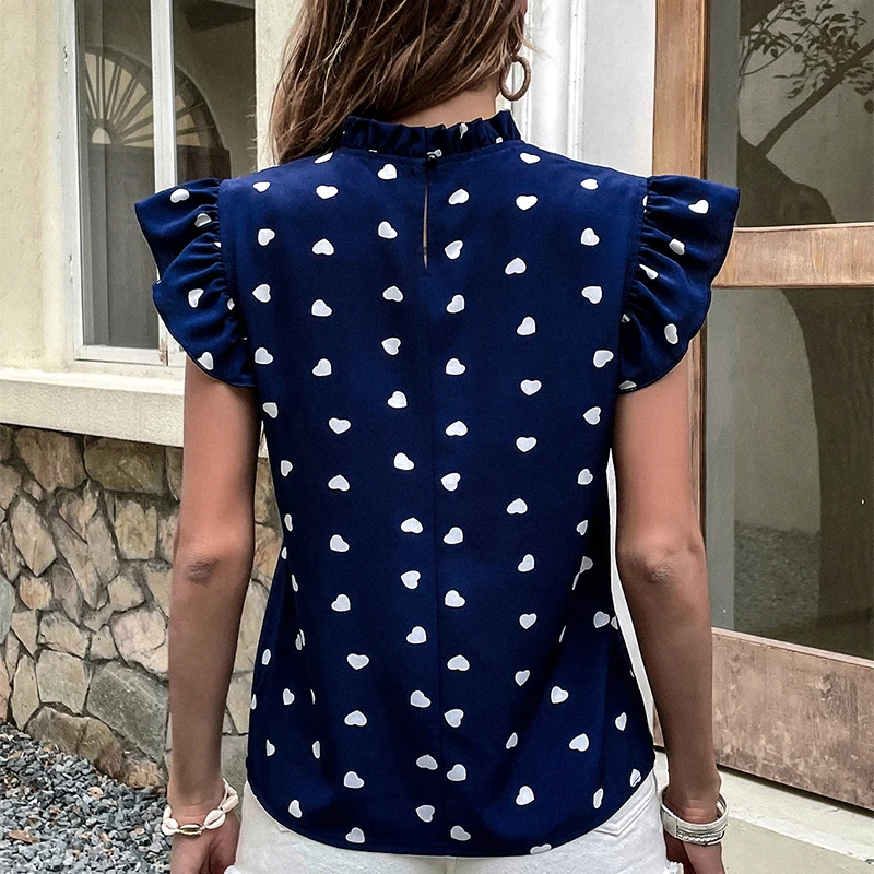 Women Ruffles Blouses Heart-shaped Dots Short Sleeve O-neck Casual Tops Summer Wear Fashion Outfit Pullover