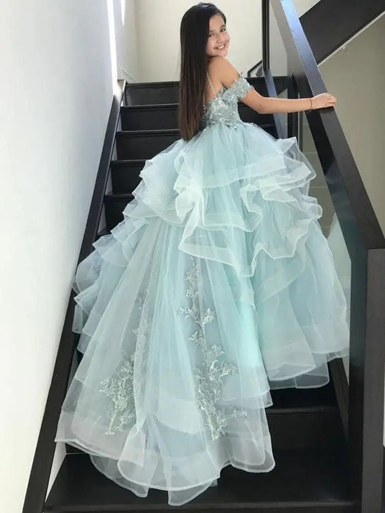 Nuovi abiti da ragazza estivi con spalle scoperte principessa Tulle gonfio prima comunione vestito da festa di compleanno carino abito per bambini