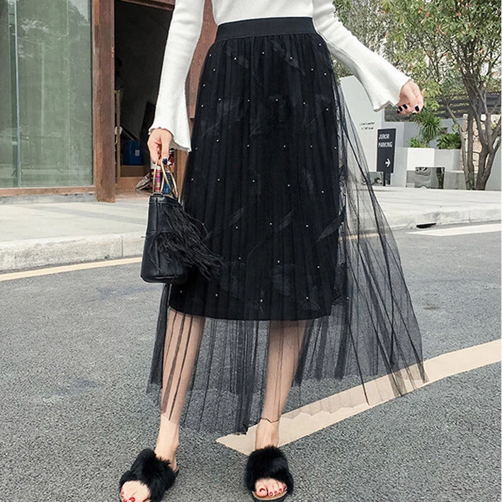 2021 New Spring Summer Autumn Nail Bead Feather Embroidery Gauze Sweet Pleated Long Skirt Lady Girl Black Dress