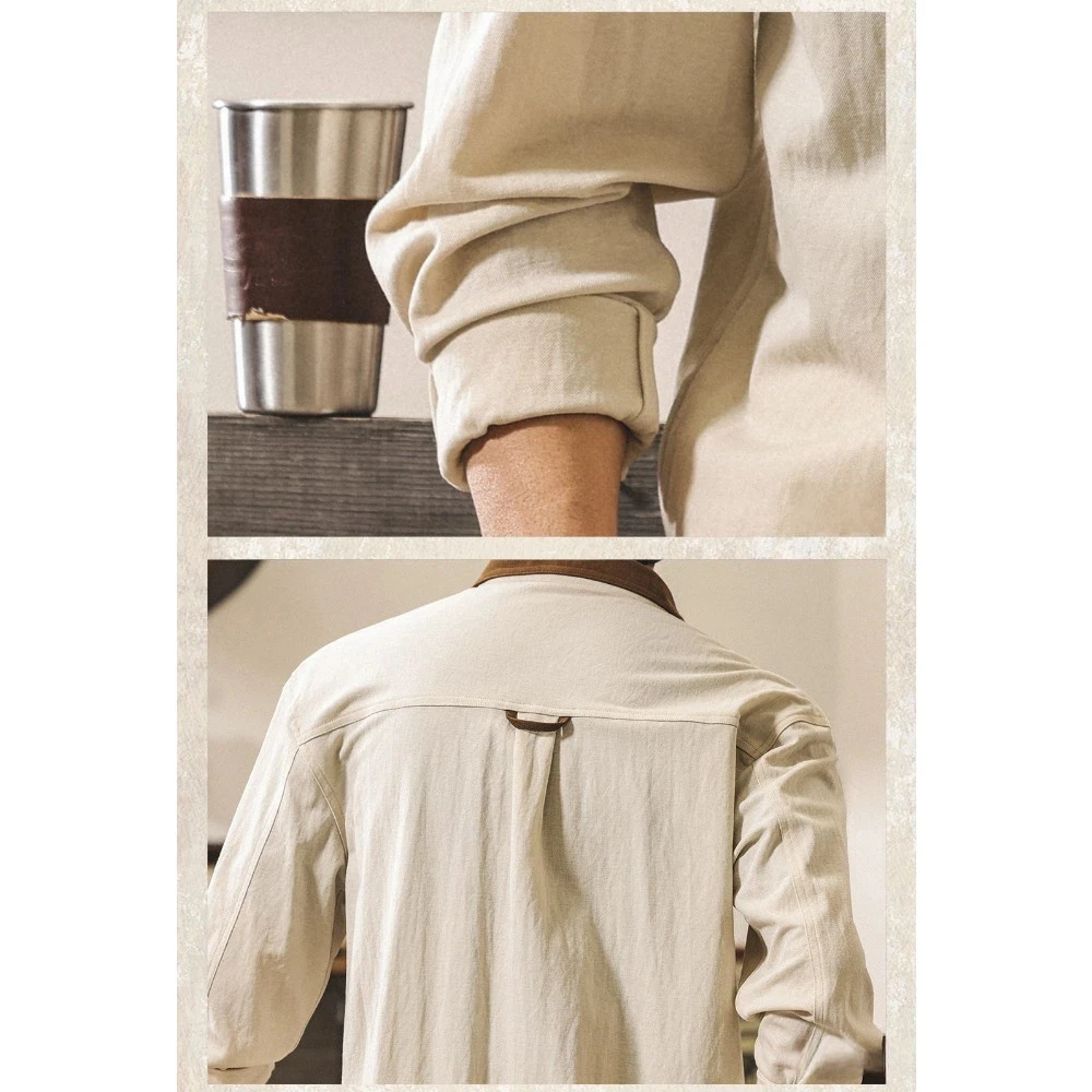 Men Contrast Corduroy Collar Long Sleeve Shirts Lightweight Cotton Linen Chest Pocket Oversized Vintage Button Down Casual Shirt