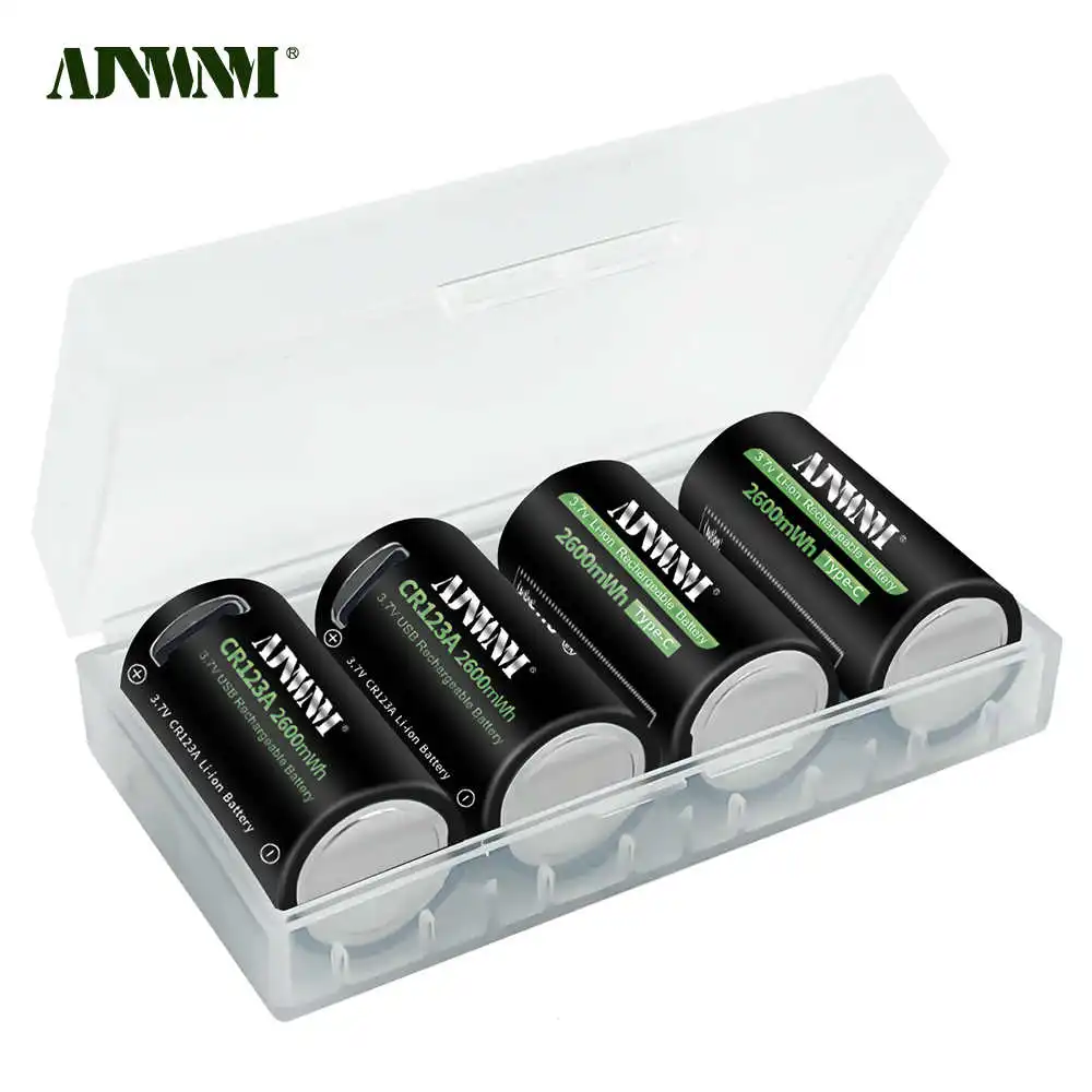 AJNWNM CR123A Battery 2600mWh 3.7V Rechargeable Li-ion 16340 Batteries For LED Flashlight 16350 RCR123 Battery+USB Type-c Cable