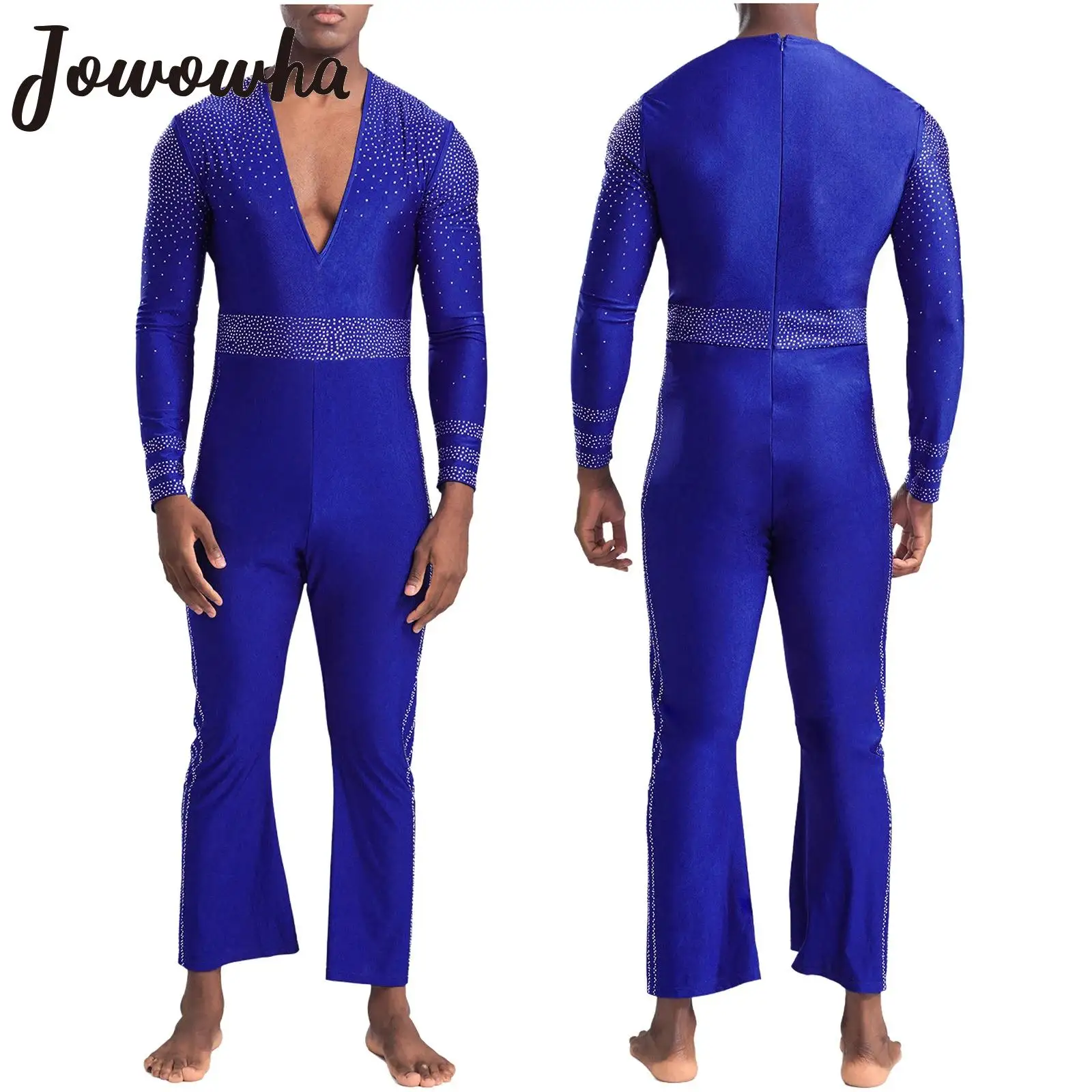 Mens Rhinestones Figure Skating Jumpsuit Ballet Dance Gymnastics Performance Costume Long Sleeve V-neck Bell-Bottom Bodysuit