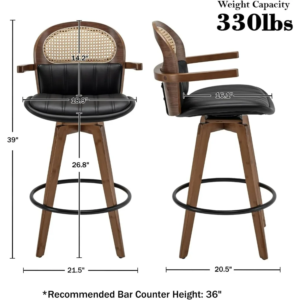 Rattan Bar Stools Set of 2,Counter Height Bar Stools,Swivel Bar Stools with Back and Arms,26 Inch Seat Height Counter Stools