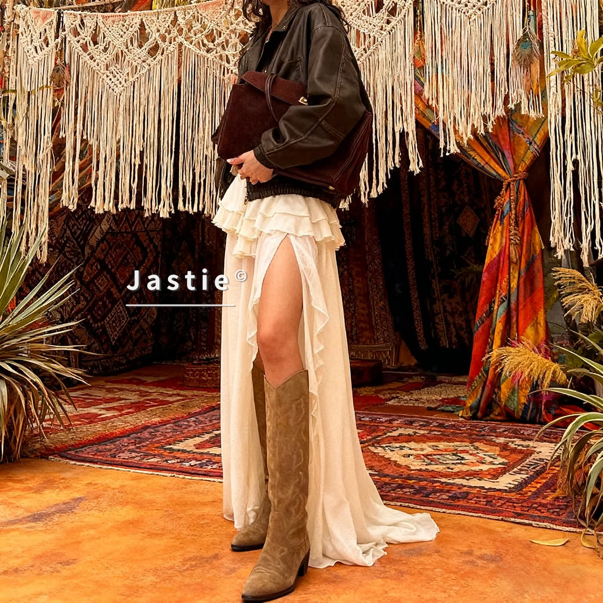 بوهو عادية المشمش التنانير فضفاضة للنساء موضة عالية الخصر مطوي التنانير أنيقة رقيقة الطابق طول تنورة الإناث الشاطئ Jupe #4