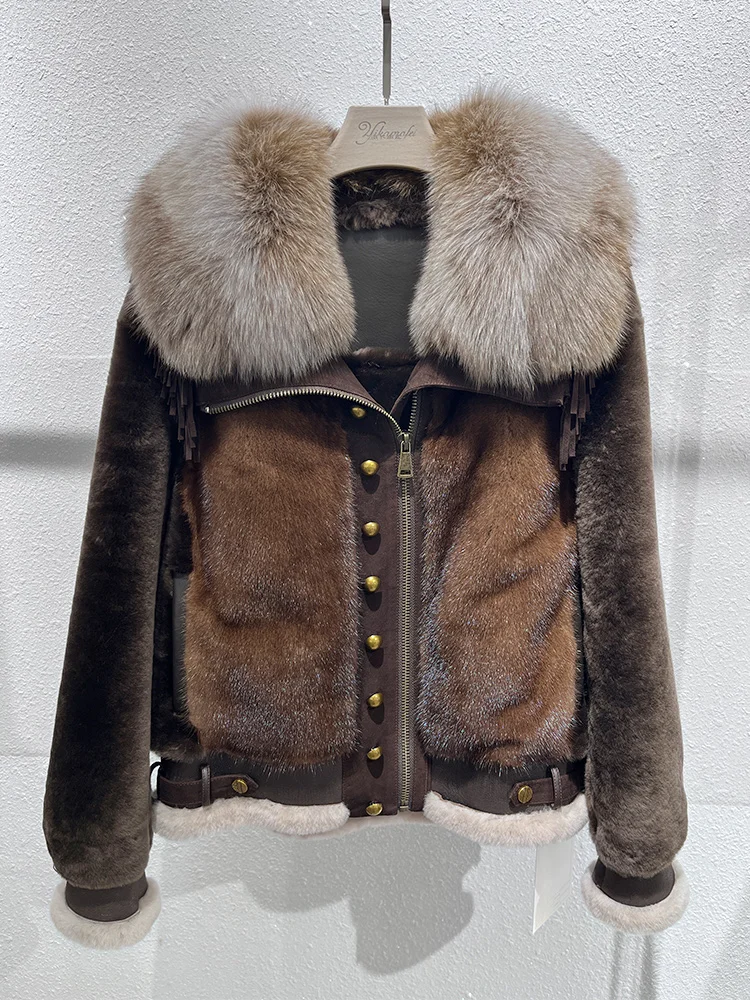 

Winter Women Warm Real Natural Fox Fur Collar Merino Sheep Fur Jacket Mink Fur Coat Genuine Leather Thick Female Luxury Coats