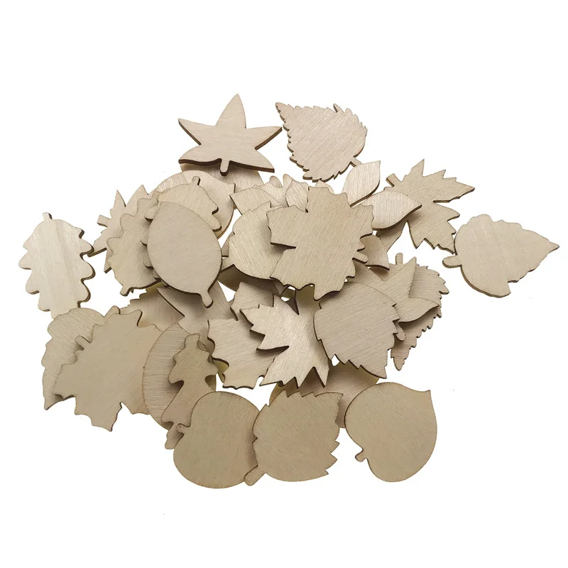 50pcs 30mm Unfinished Wooden Leaves Craft Blank Leaf Shape Cutout Ornament for Thanksgiving Fall Party DIY Decor