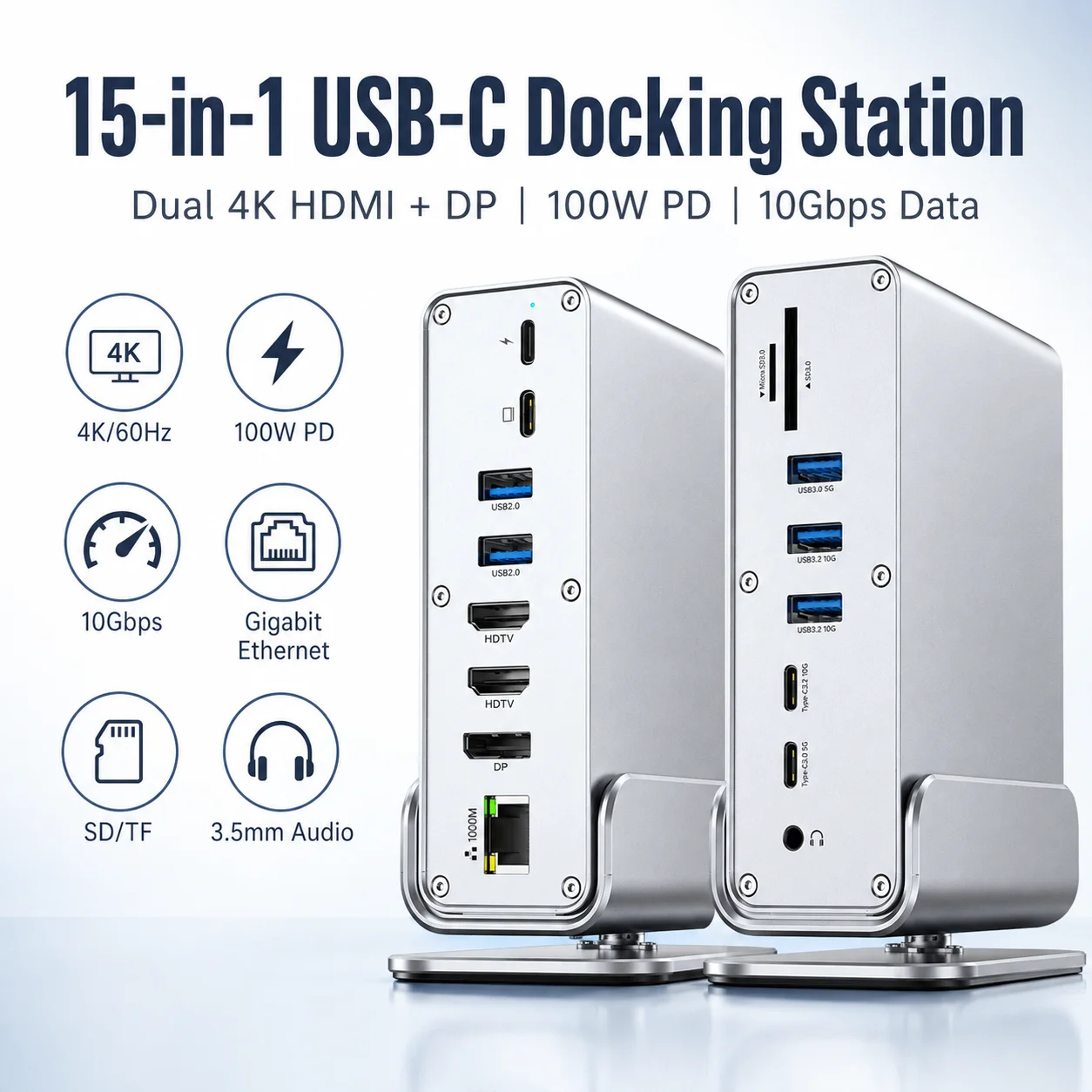 15-in-1 Type C Docking Station USB C Hub 4K@60Hz HDMI DisplayPort RJ45 1000M PD100W USB3.2 SD TF Reader For Laptop