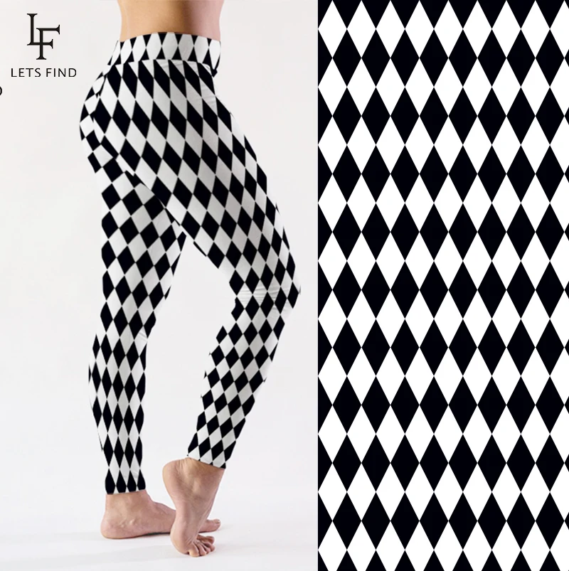 LETSFIND Fashion Black and White Diamond Geometric Digital Printing Fitness Leggings High Waist Women Stretch Leggings