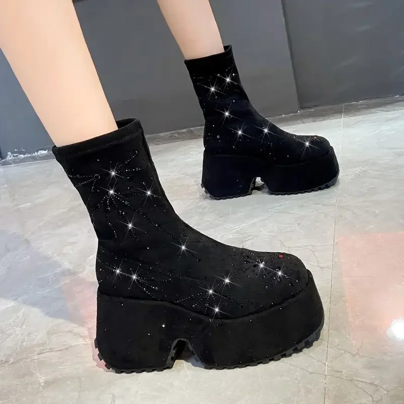 Top Quality Women Elastic Boots Casual Ankle Boots Women Rhinestone Sneakers Black Botas Mujer Plus Size Crystal Botines