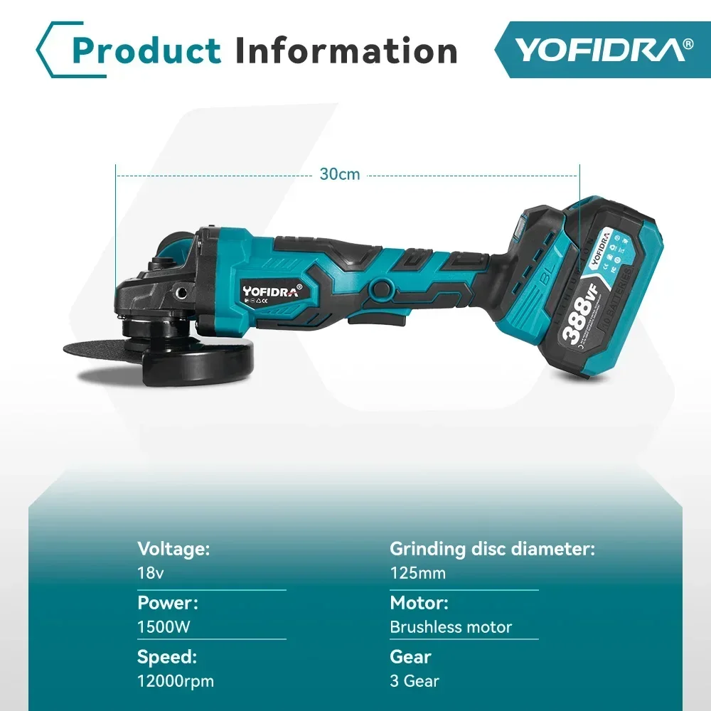 Yofidra 125mm Brushless Electric Angle Grinder 3 Gear Variable Cordless Grinding Cutting Woodworking Tool For Makita 18V Battery