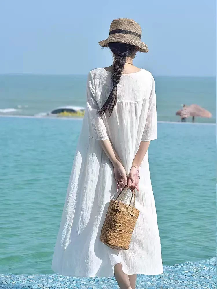 Double Layered Embroidery Cotton Ramie White Dress Spring Summer 2024 Women Loose Casual Long Robe Vestidos Female Holiday F368