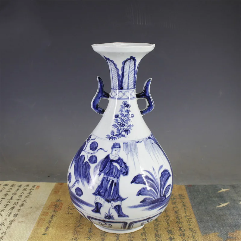 Светящаяся фарфоровая ваза синего цвета с белыми двойными ручками, ваза с лампочкой и историями персонажей, восточные древние фарфоровые украшения, старые