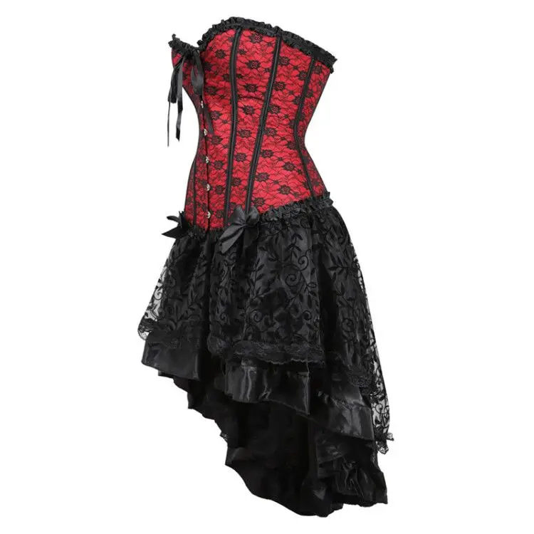 Corset Dress with Skirt High Low Set Lingerie Push up Sexy Flower Print Vintage Halloween Costumes Plus Size Red Gothic Clothes