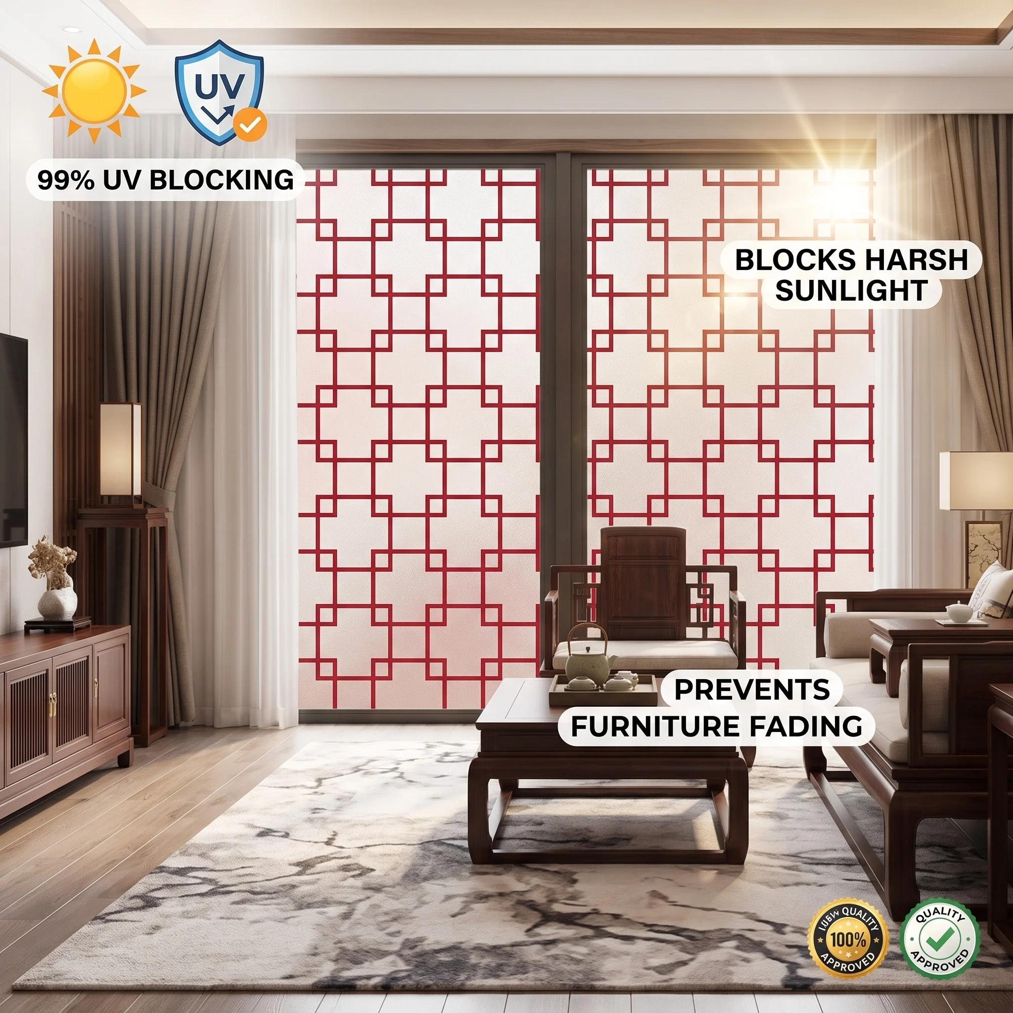 Reddish-Brown PVC Window Film Self-Adhesive Frosted Privacy Protection with Chinese Lattice Maze Grid Design Removable No Residu