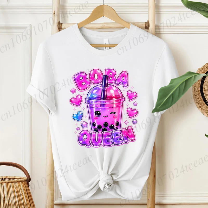 Boba Queen Kawaii Graphic Women's Tshirts Summer Short Sleeve Tee Shirts Cartoon Clothes Kawaii Tops Y2K Aesthetic T-shirt Tops