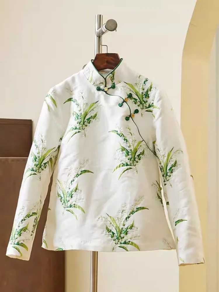 

Thiened Stand Collar Pearl Button Cotton Jaet Women's Winter Warm Tang Suit Floral Pattern Side Buttoned Long Sve Coat