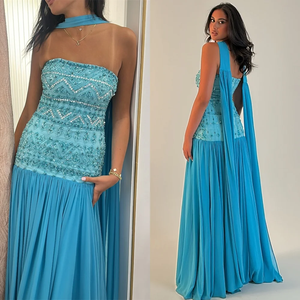 

Customized Simple Blue Evening Dresses Classic Strapless Sleeveless Homecoming Dresses Temperament Sweep Train Vestido De Festa