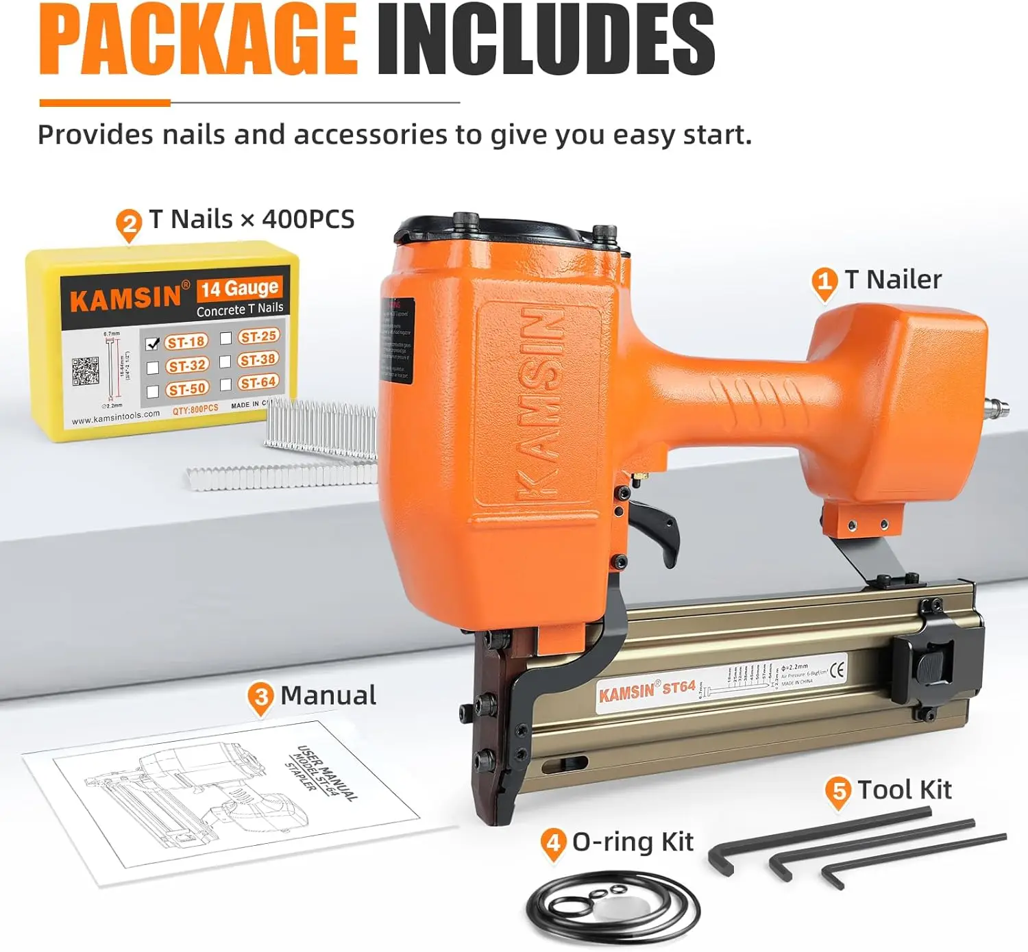 #St64 14 Gauge Heavy Duty Pneumatic Concrete T Nailer Kit With 400 Pcs Concrete T Nails, 3/4