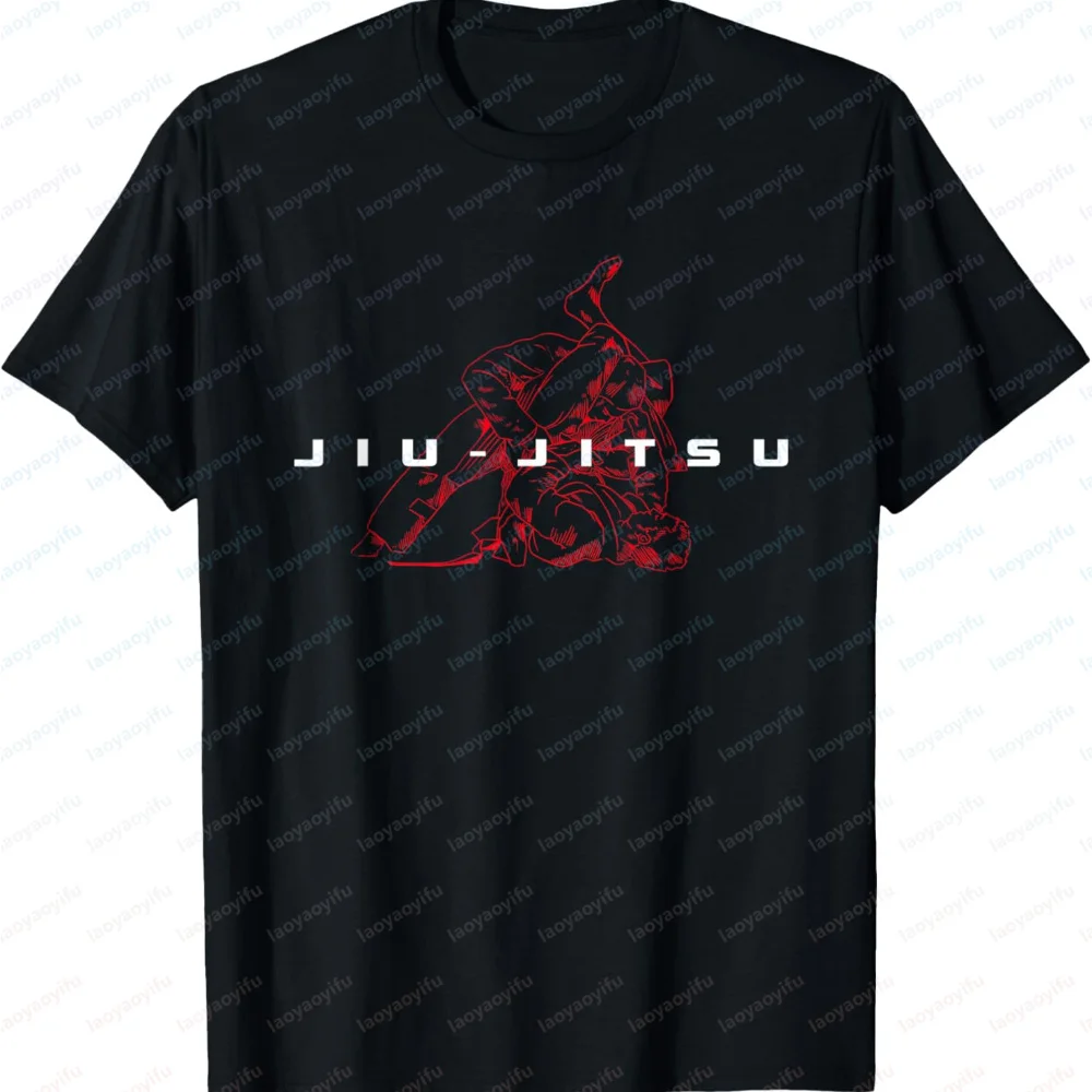 Men's Jiu-Jitsu Minimalist Cotton T-Shirt Red Grappling Silhouette Print Casual Short Sleeve Crew Neck Tee for BJJ Fans Apparel