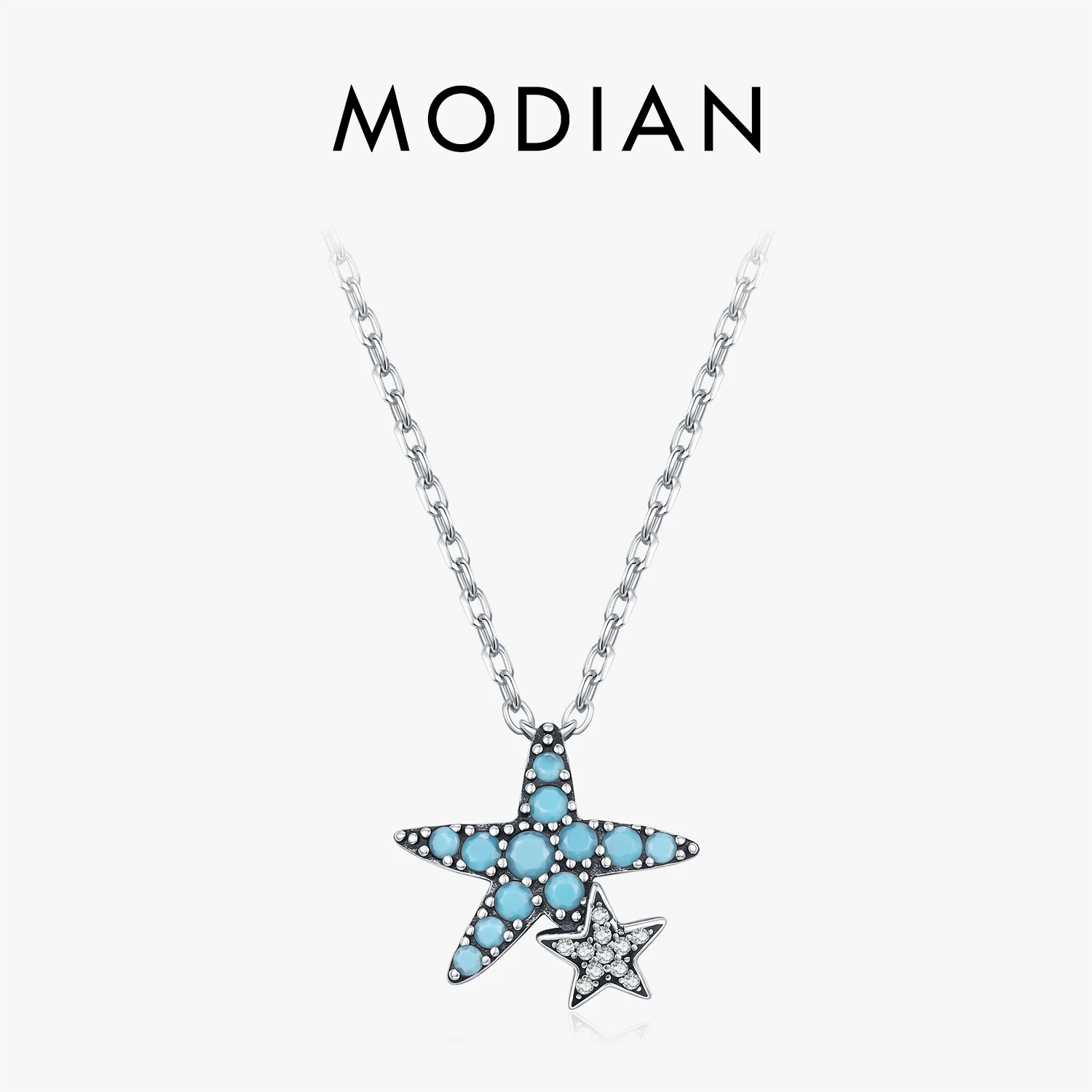 MODIAN 925 Sterling Silver Vintage Turquoise Necklace Exquisite Shining Stars Pendant Necklace For Women Fine Jewelry