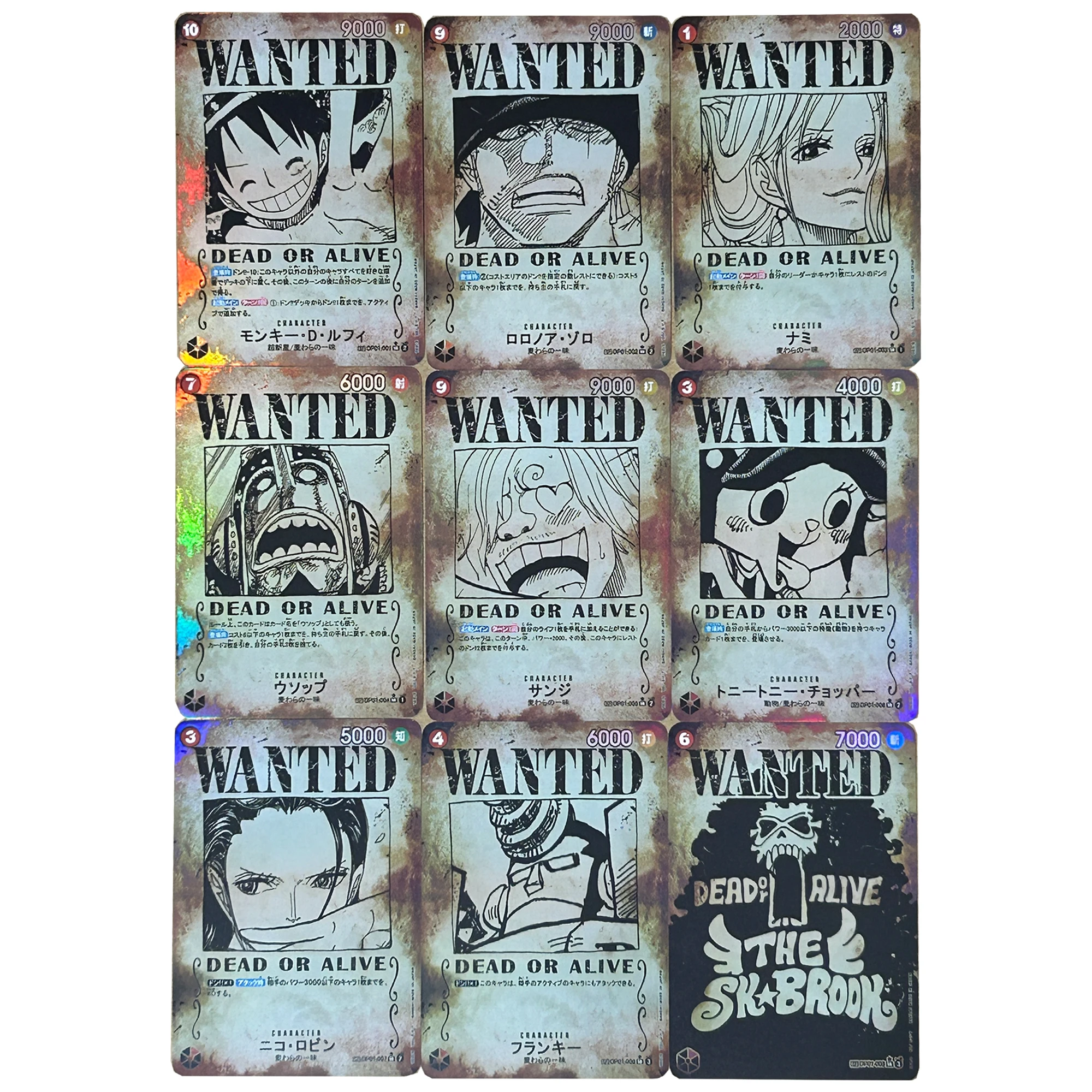 9Pcs/set Diy One Piece Luffy Zoro Wanted Warrant Collection Card Refraction Color Flash Relief Opcg Nami Anime Cards Gift Toys