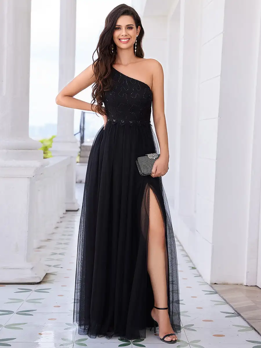 Elegant Evening Dresses Romantic Asymmetric One Shoulder Side Split 2024 Ever Pretty of A-Line Tulle Lace Sequi Bridesmaid Dress