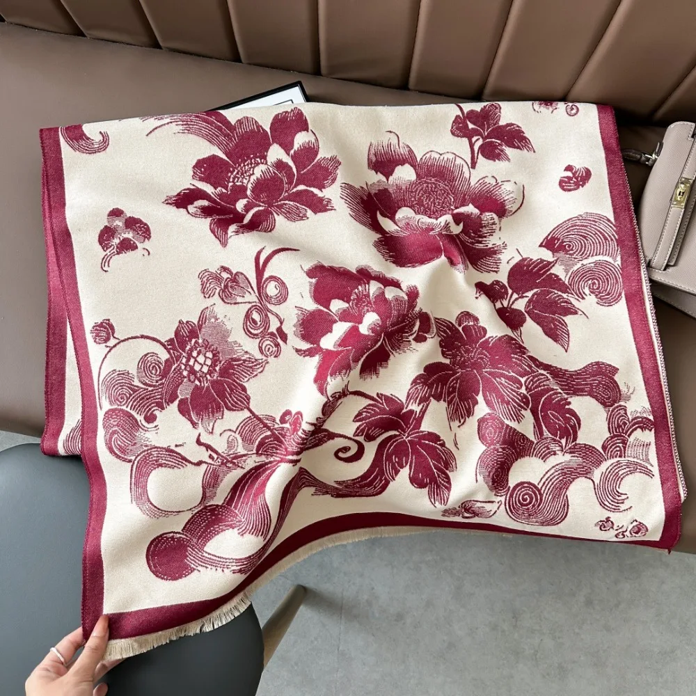 

Роскошный шарф из искусственного кашемира с принтом лотоса, толстые шали из пашмины, ветрозащитные теплые шарфы-пончо