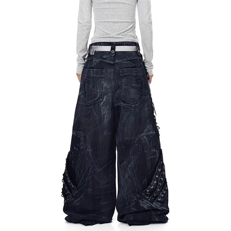 2026 American Retro Y2K Style Dirty Washed Patchwork Baggy Women's Ripped Jeans Pants For Woman Clothing New Rock Denim Trousers