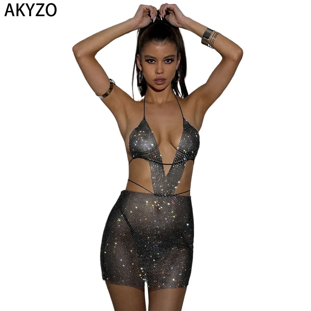 

AKYZO Hollow-Out Rhinestone Sparkling Backless Fashion Music Festival Dress Rhinestone Mesh Fabric Dress