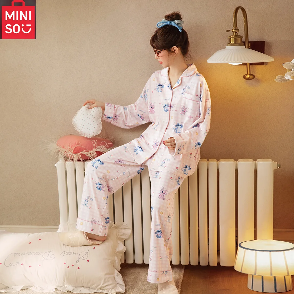 

MINISO pure cotton sleepwear for women in spring and autumn, long sleeved cartoon checkered home clothes