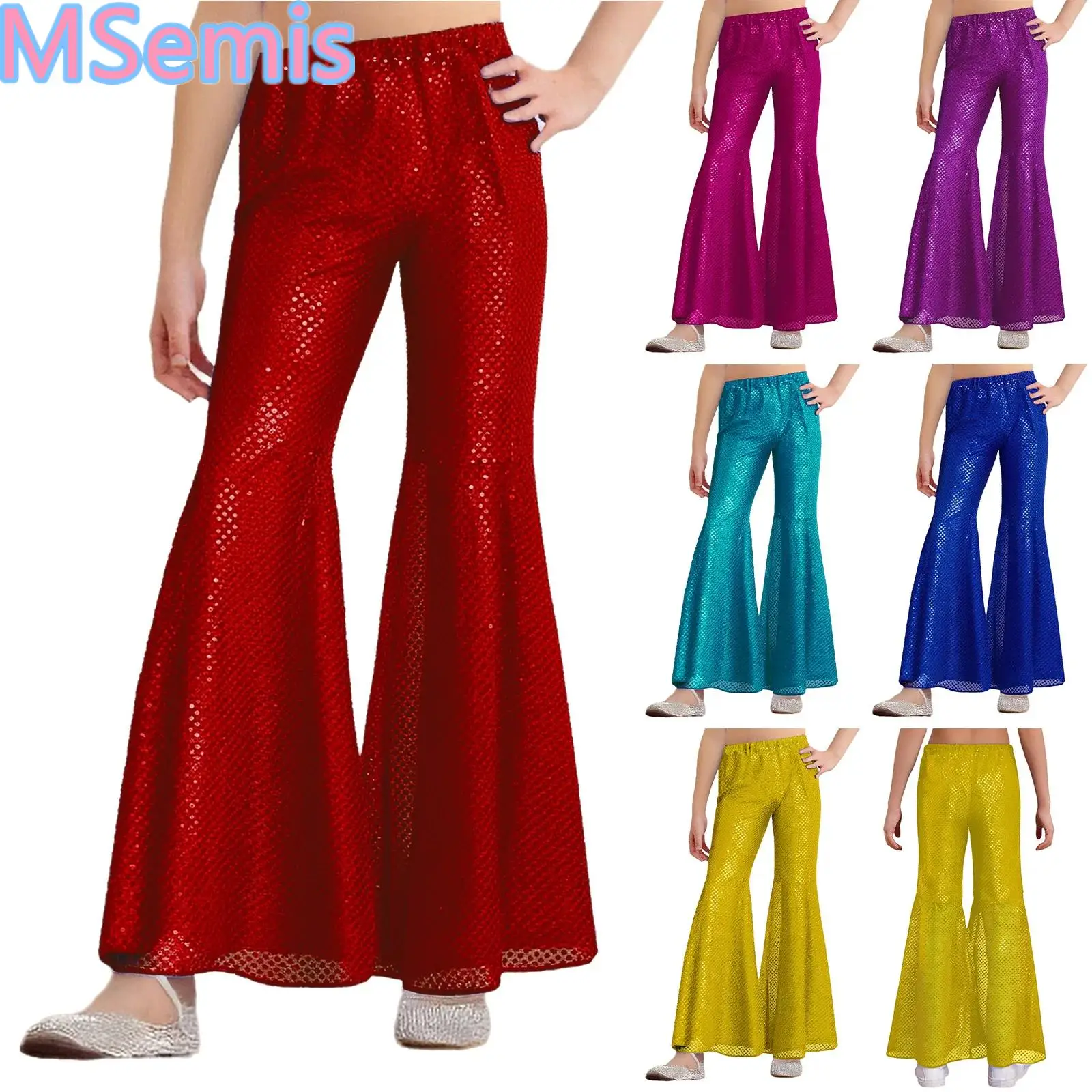 

Kids Girls Hip-Hop Jazz Dance Pants Sparkling Sequins Flared Pants Elastic Waistband Bell-Bottom Trousers Dancewear