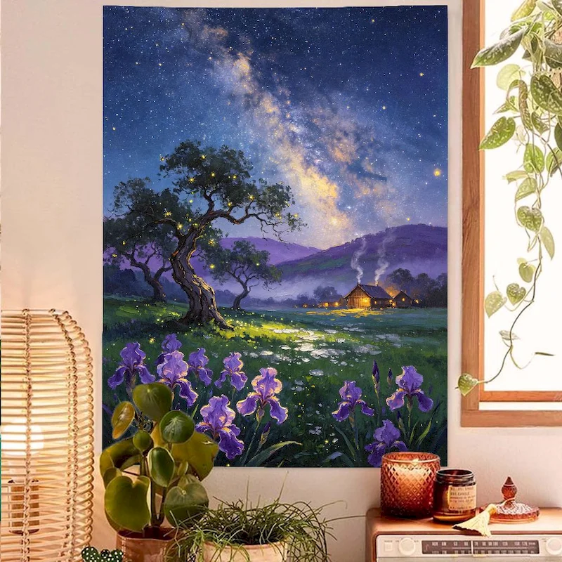 VIKAMA Galaxy Iris Country House Night Scene Oil Painting Tapestry, Dreamy Natural Wall Hanging Home Wall Decoration