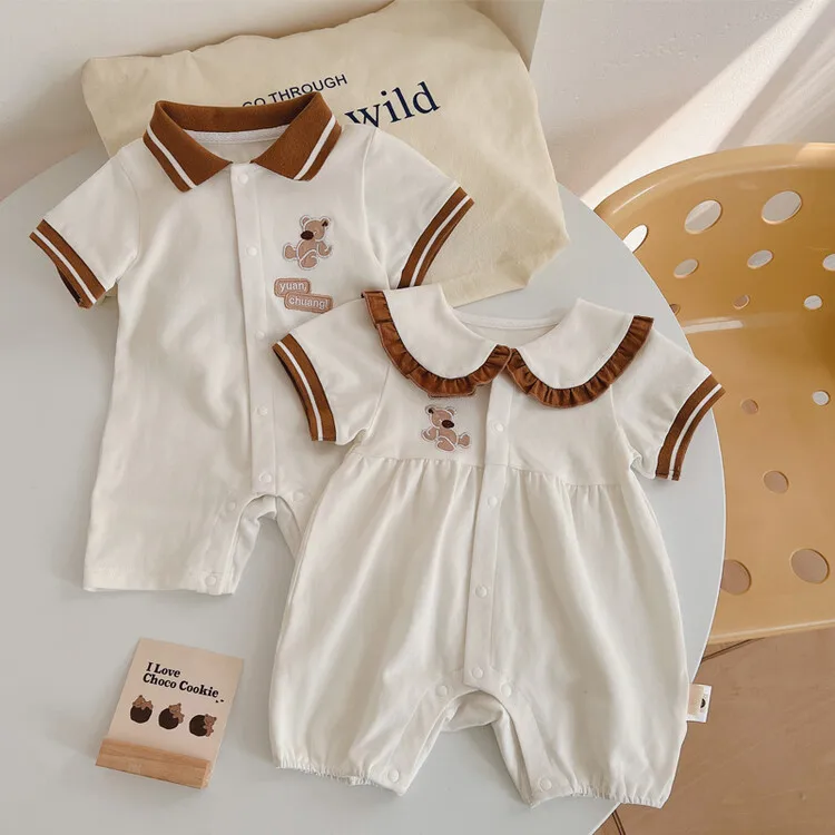 

Jenny&Dave Baby summer clothing short sleeved newborn jumpsuit cute cartoon brother sister outfit Nordic baby summer climbing su