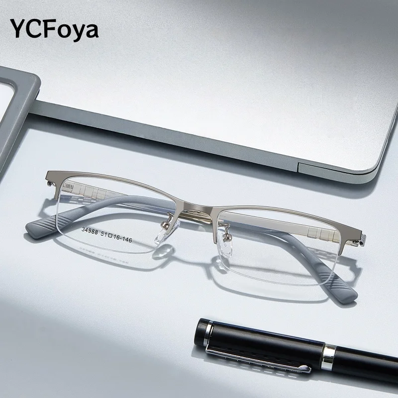 

YCFoya Optical Alloy Square Frame Prescription Eyeglasses Blue light blocking Business Half Frame Men Glasses 34988